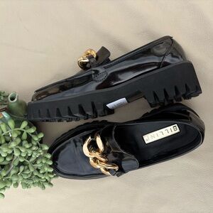 BELLINI FAUX PATENT LEATHER PLATFORM LOAFERS BLOCK HEEL GOLD HARDEARE